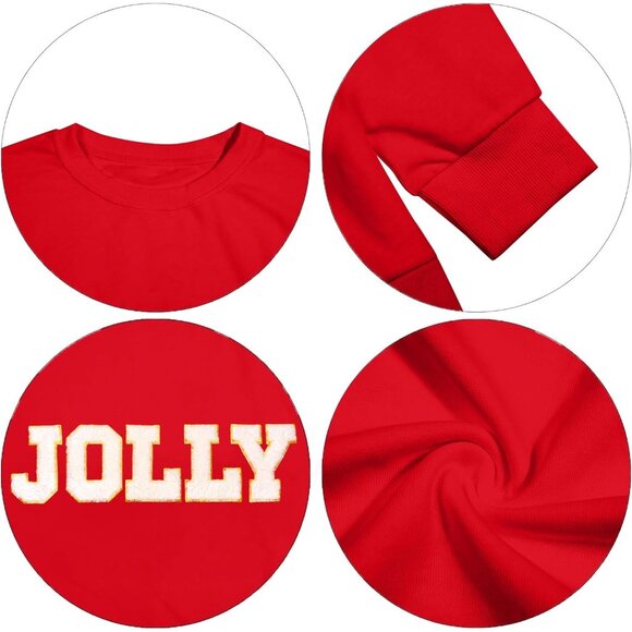 Women Christmas Sweatshirt Glitter Patch Letter Embroidered Striped Pullover - Picture 6 of 9